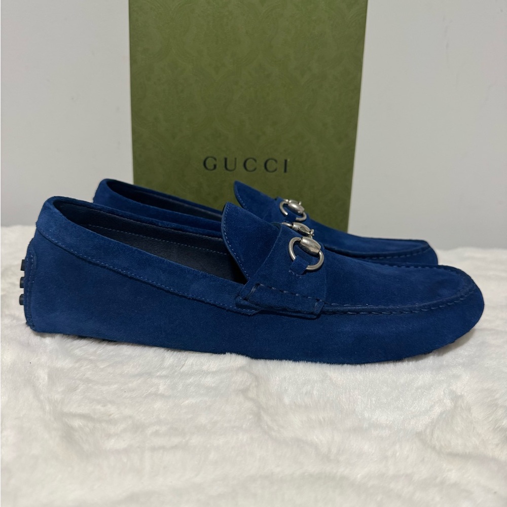 Gucci Navy Suede Horsebit Driving Loafers